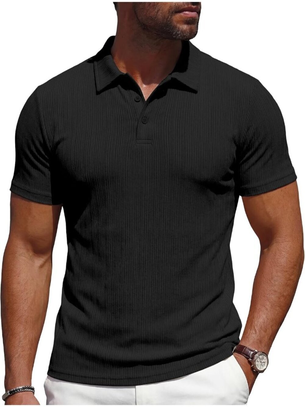 Men's Black Polo Textured Knit Button Short Sleeve Casual Golf Shirts